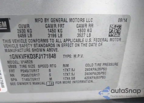 2015 Chevrolet Traverse Ls from USA, damaged, VIN 1GNKVFKD3FJ171848